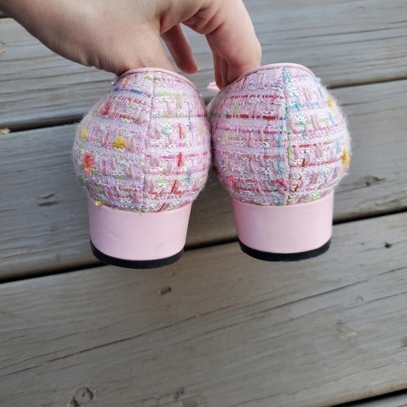 Vintage 90s y2k Square Cap Toe Chunky Heel Pink Tweed Granny Loafers 8 WIDE - Picture 4 of 7